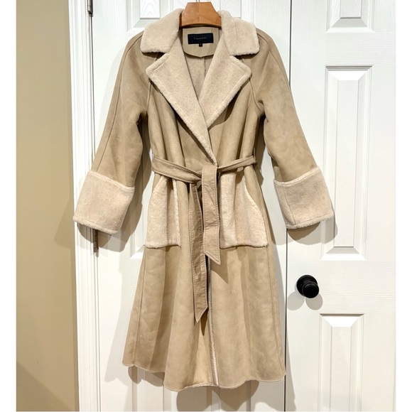 Tahari Sz 10/12 Faux Suede Long Trench Coat, Cream Fur Trim women’s large - Picture 15 of 16